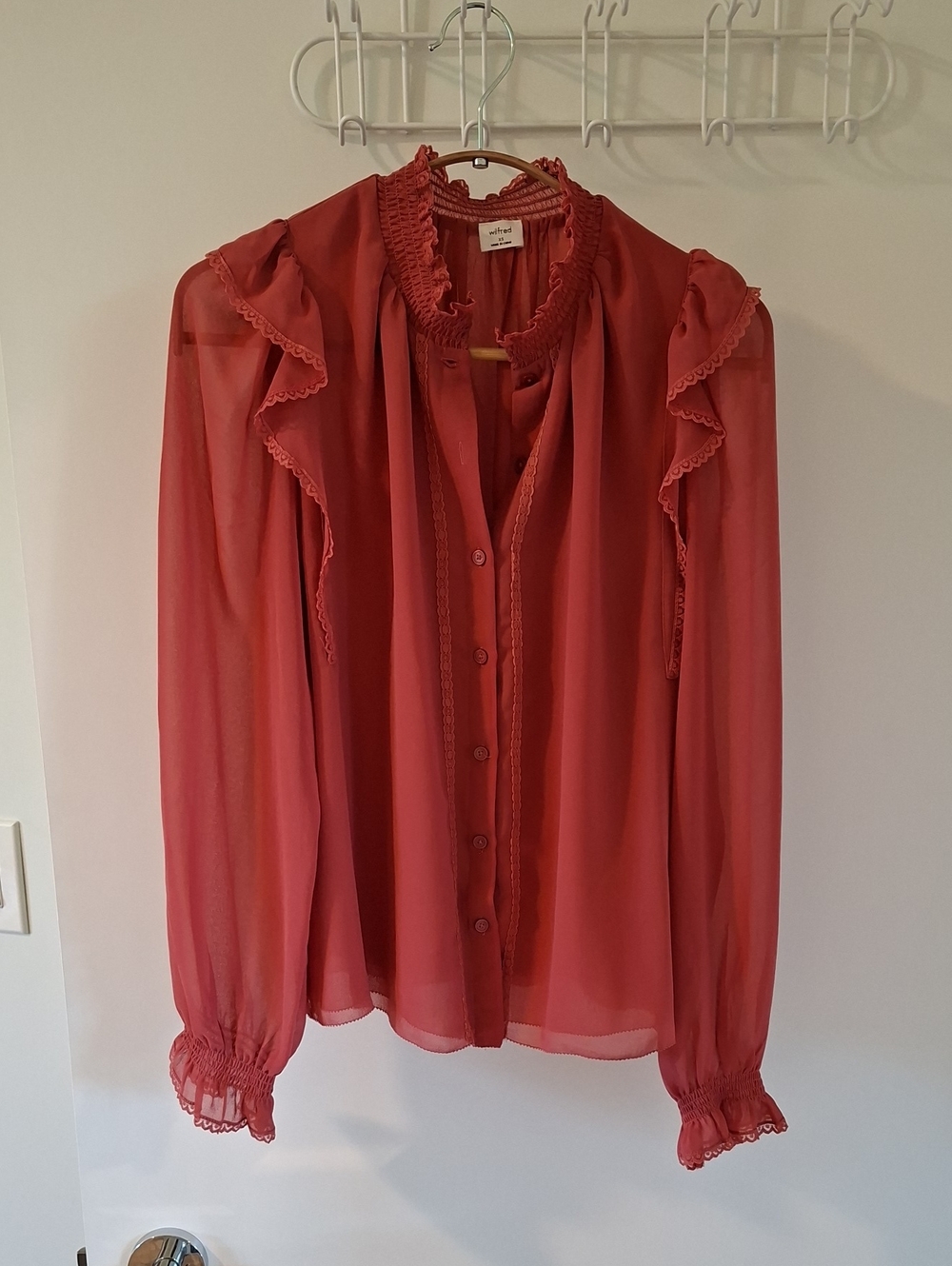 Wilfred Sheer Flowy "Tilda" Coral Ruffle-Trim Button Front Blouse (Size XS) - Picture 2 of 10
